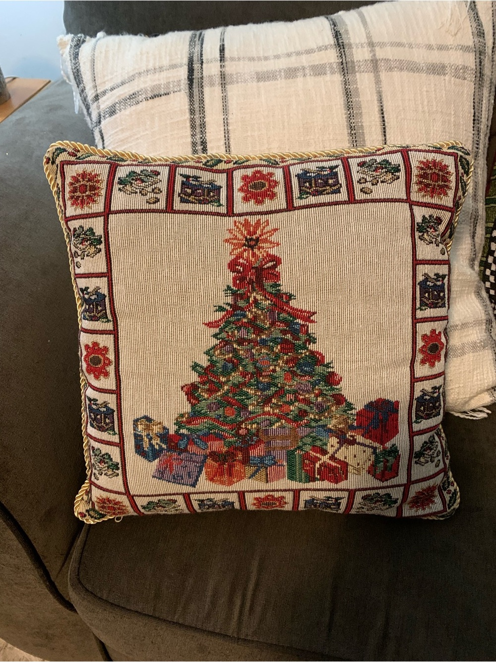 Holiday Tapestry Christmas Tree Throw Pillow - Multi